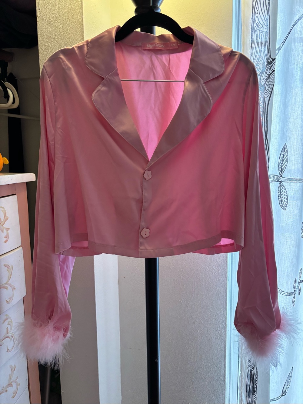 Sugar Thrillz Pink Satin Cropped Button-Front Top with Feather Cuffs